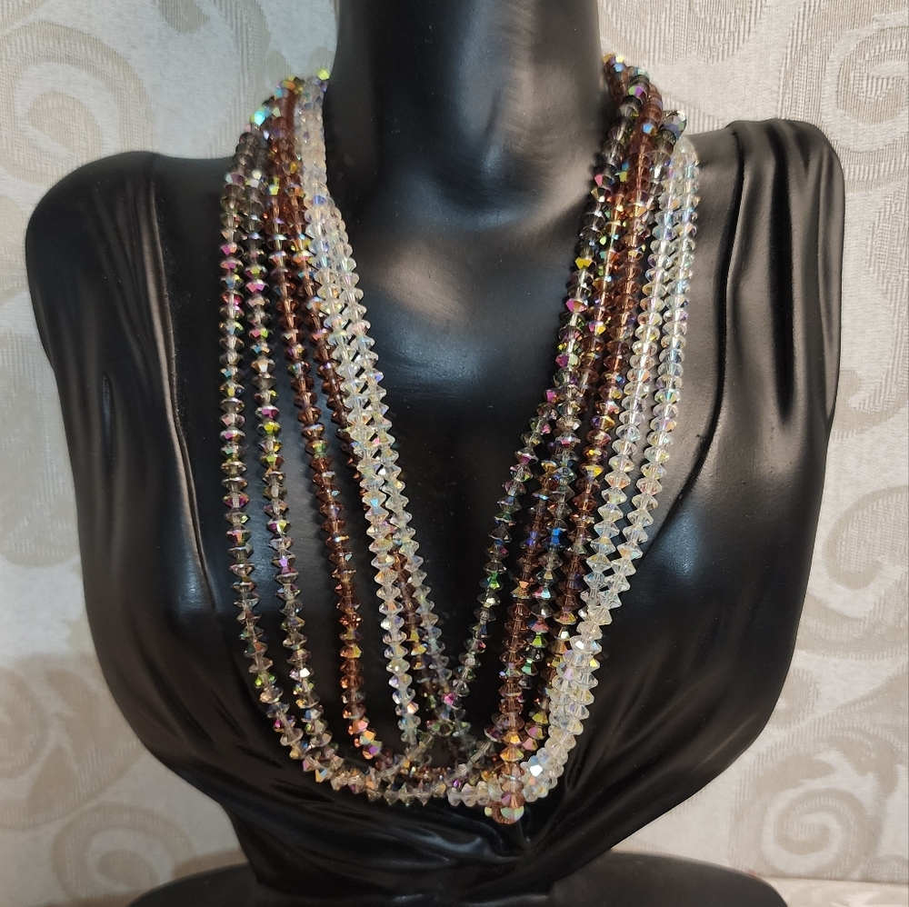 BERGERE Vintage 70's Rare Glass Beads Aurora Borealis Multistrand Necklace